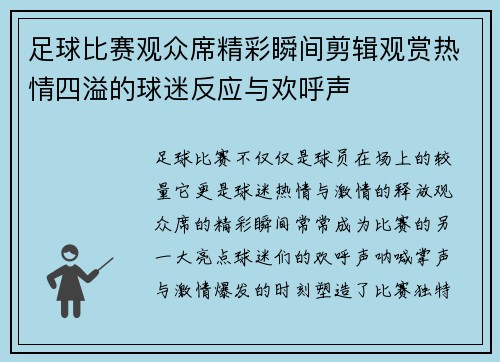 足球比赛观众席精彩瞬间剪辑观赏热情四溢的球迷反应与欢呼声