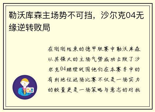 勒沃库森主场势不可挡，沙尔克04无缘逆转败局