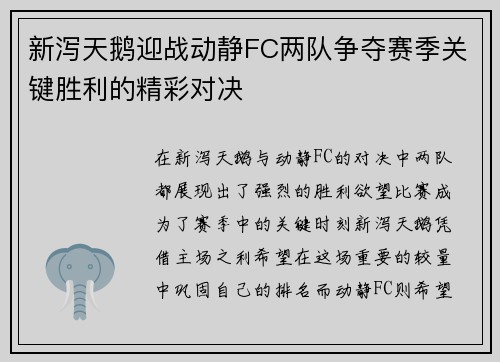 新泻天鹅迎战动静FC两队争夺赛季关键胜利的精彩对决