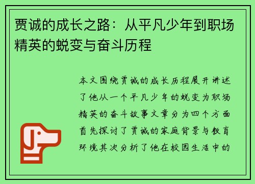 贾诚的成长之路：从平凡少年到职场精英的蜕变与奋斗历程