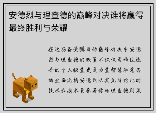 安德烈与理查德的巅峰对决谁将赢得最终胜利与荣耀