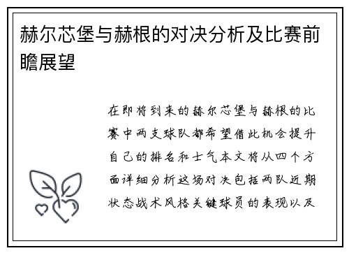 赫尔芯堡与赫根的对决分析及比赛前瞻展望