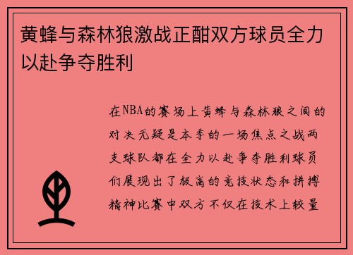黄蜂与森林狼激战正酣双方球员全力以赴争夺胜利