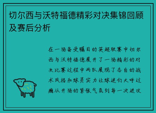 切尔西与沃特福德精彩对决集锦回顾及赛后分析