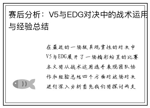 赛后分析：V5与EDG对决中的战术运用与经验总结